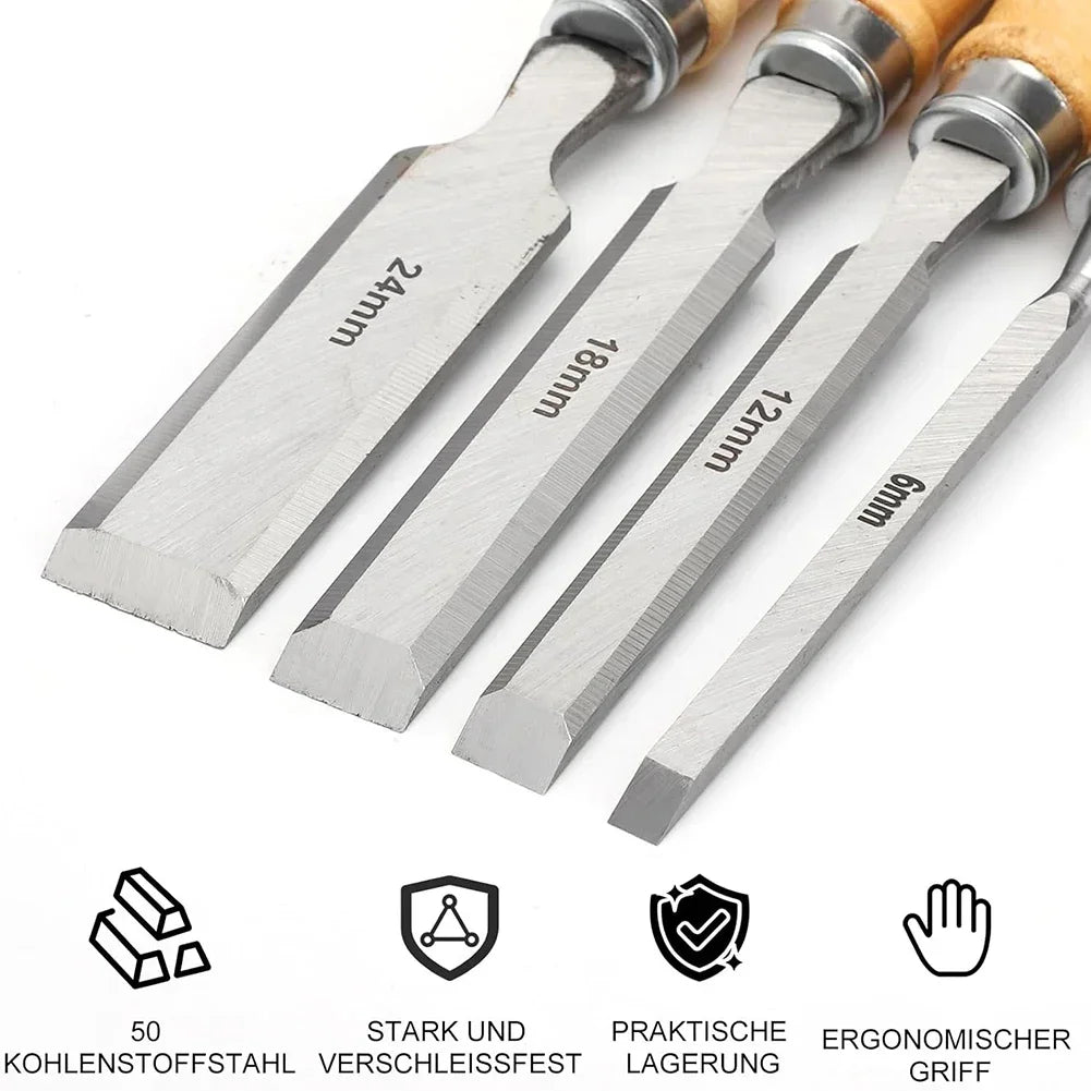 4-Piece Wood Carving Chisel Set with Pouch | 6–24mm Wood Carving Chisel Set Axl