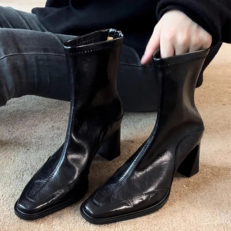 Women's Thick Heel Ankle Boots – Retro Square Toe High Heels Ankle Boots Axl