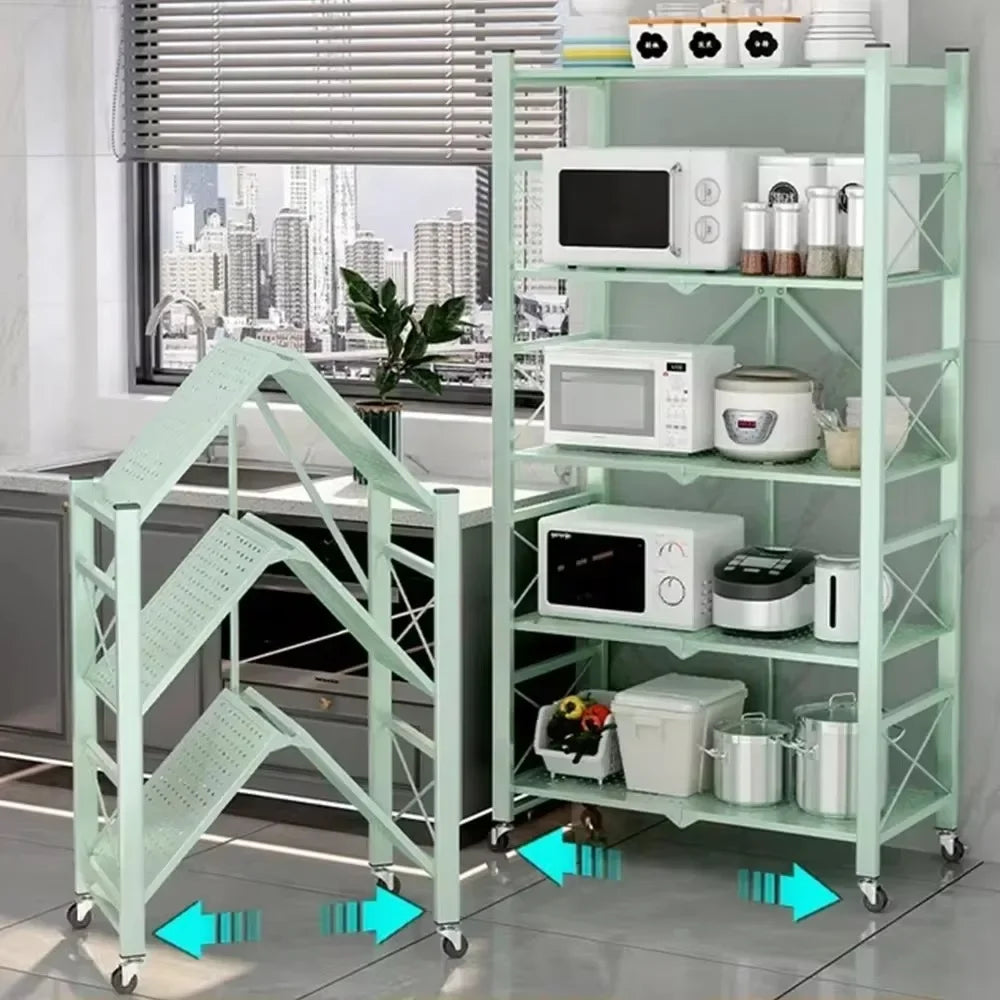 Foldable Multilayer Storage Rack with Wheels | Iron Frame Shelf Rolling Storage Rack Axl