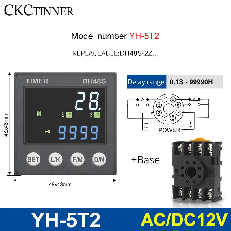 DH48S Programmable Time Delay Relay 24V/220V + Socket Base Programmable Time Relay Axl YH-5T2 - 12V ACDC