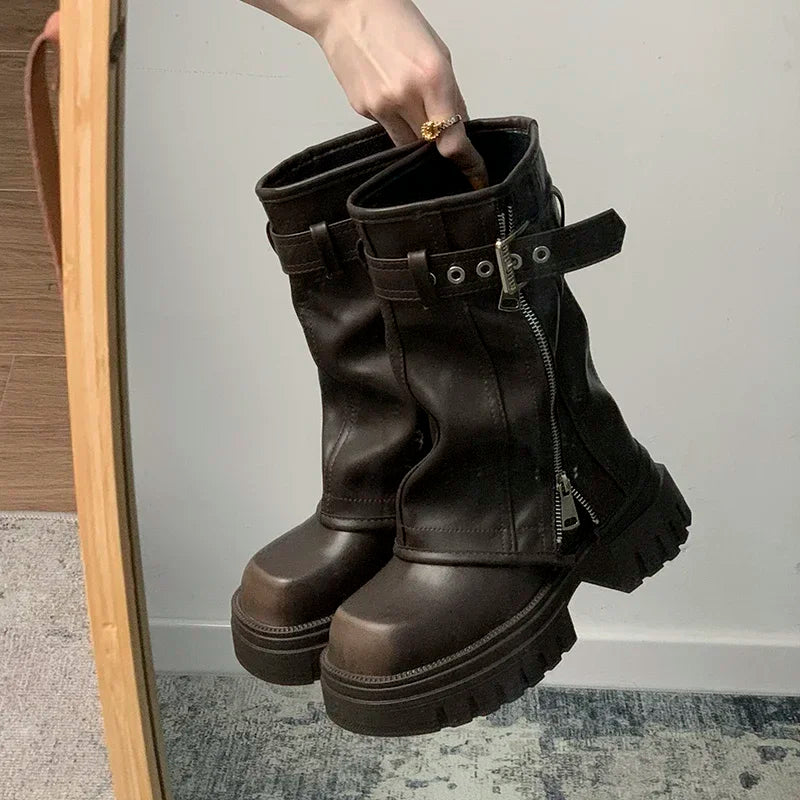 Women's Mid-Calf Platform Boots – Belt Buckle Knight Booties Women's Platform Boots Axl
