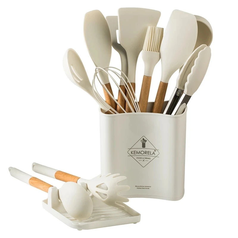 KEMORELA 10/13 PCS Silicone Kitchen Utensil Set Wooden Handle Silicone Utensil Set Axl