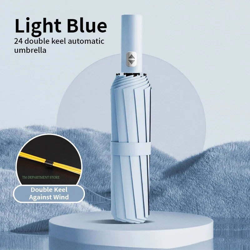 Windproof Auto 3-Fold Umbrella – 24 Rib Double Canopy UPF UV Travel Umbrella Axl 24 Ribs sky blue 24K Iron