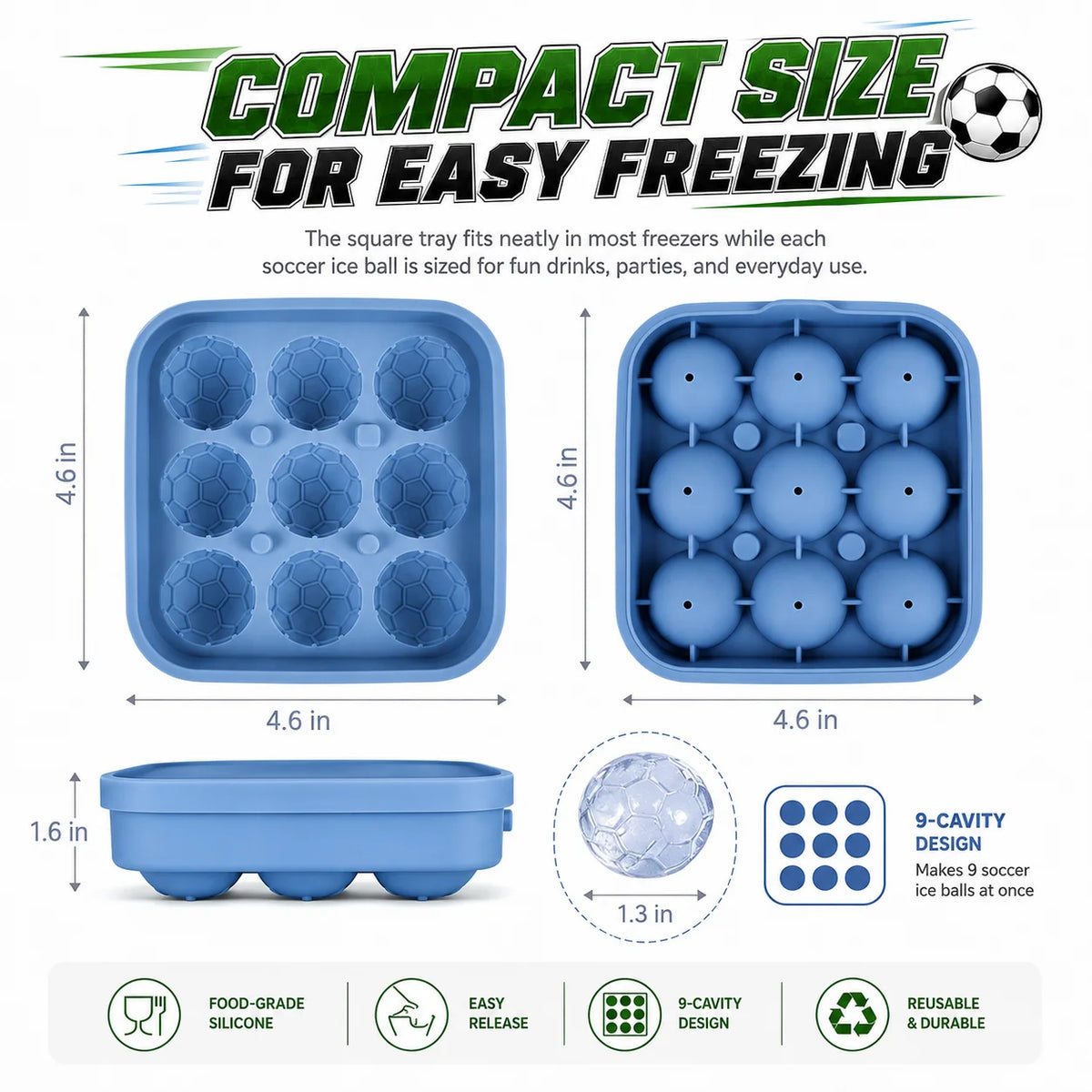3D Soccer Ball Silicone Ice Mold – 9-Cavity Football Sphere Tray Silicone Ice Mold Axl