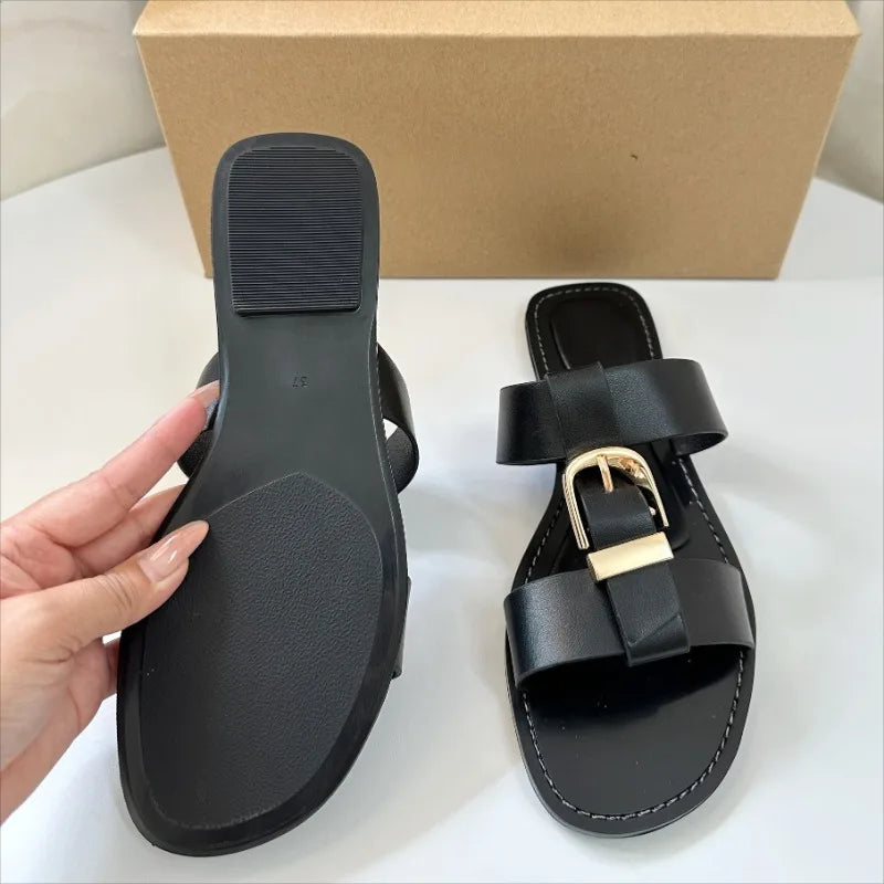 Women's Flat Sandals – Open Toe Metal Buckle Roman Beach Shoes Flat Sandals Axl