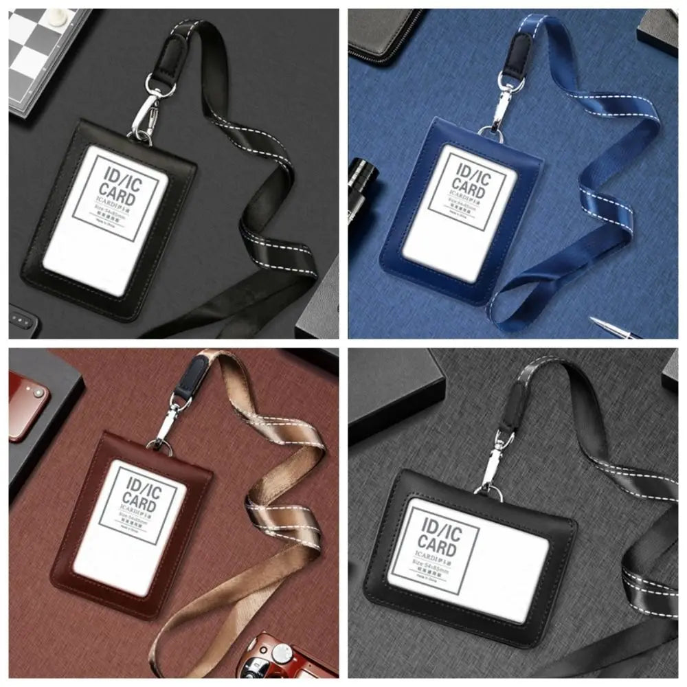 Double-Sided Leather Badge Holder with Neck Strap & Clip Leather Badge Holder Axl