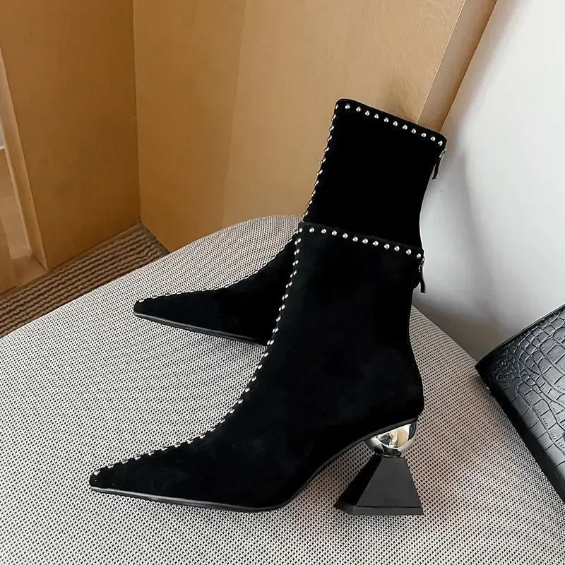 Women's Punk Ankle Boots Pointed Toe Spike Heel Back Zip Ankle Boots Axl