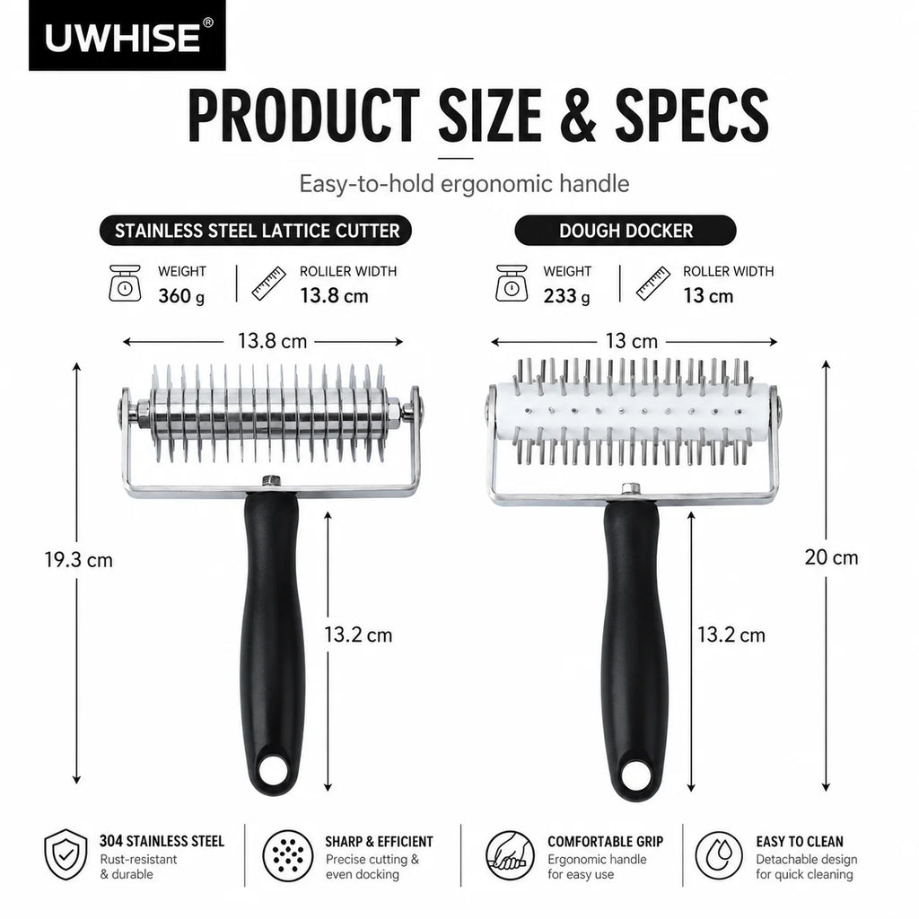 Uwhise Pastry Lattice Roller Cutter & Pizza Dough Docker – Steel Pastry Baking Tool Axl