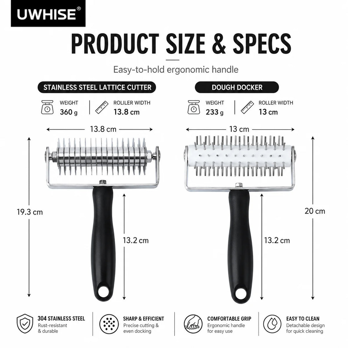 Uwhise Stainless Steel Pastry Lattice Roller Cutter & Dough Docker Pastry Baking Tool Axl