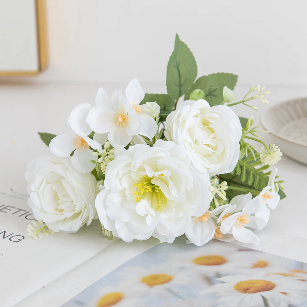 Artificial Silk Peony & Hydrangea Bouquet | Wedding & Home Decor Artificial Flower Bouquet Axl WHITE 3 pcs