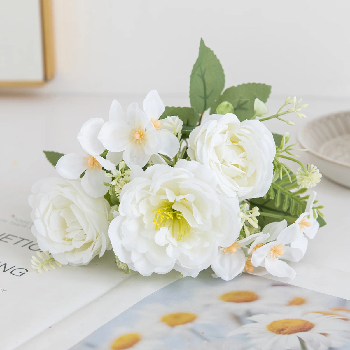 Artificial Silk Peony & Hydrangea Bouquet | Wedding & Home Decor Artificial Flower Bouquet Axl WHITE 3 pcs