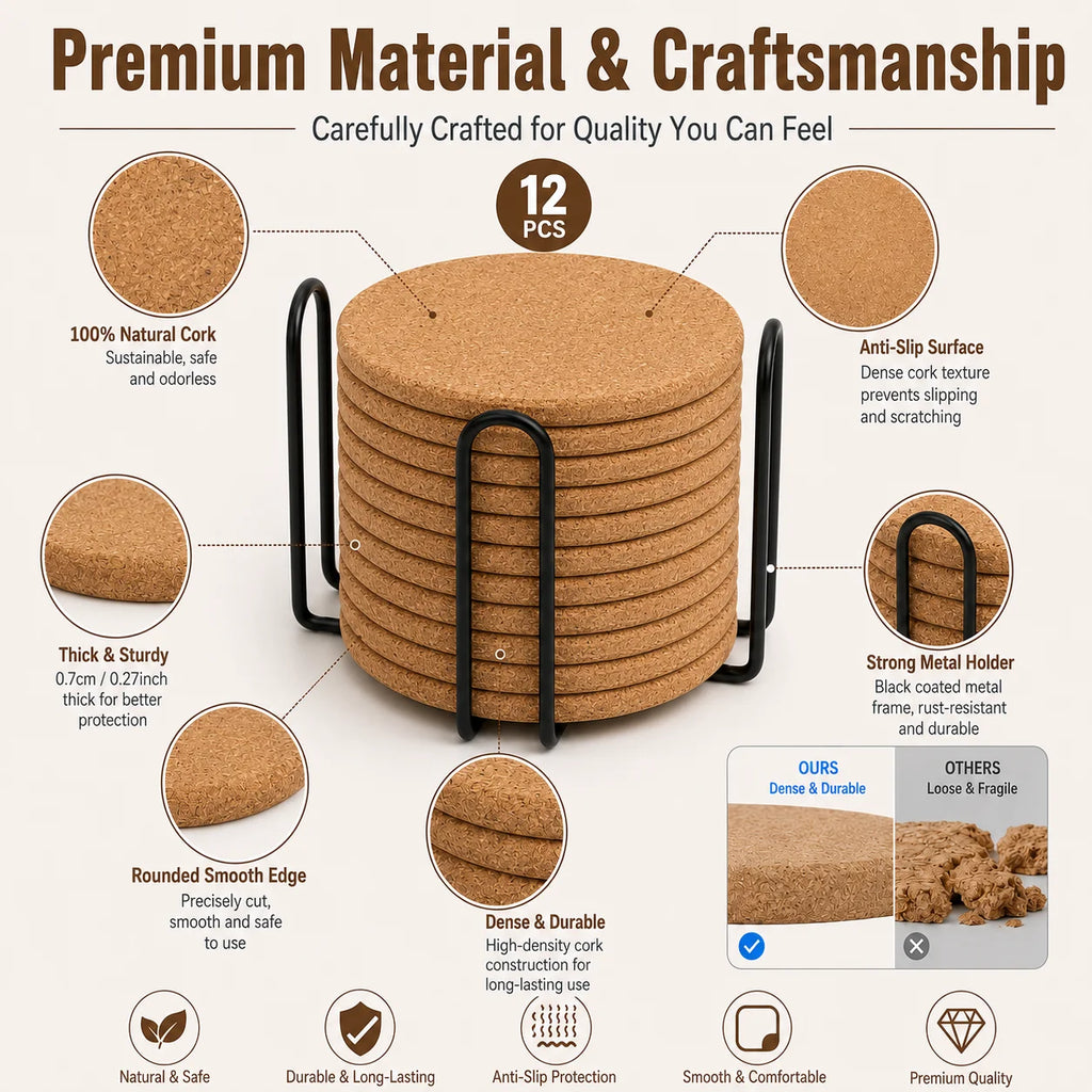 Natural Cork Coasters Set of 12 with Metal Holder | Absorbent Cork Coaster Set Axl