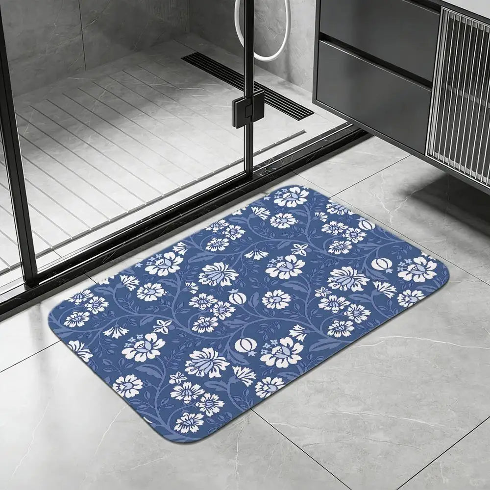 Portuguese Blue Tile Diatomite Bath Mat | Quick Dry Non-Slip Diatomite Bath Mat Axl White10 50x80cm