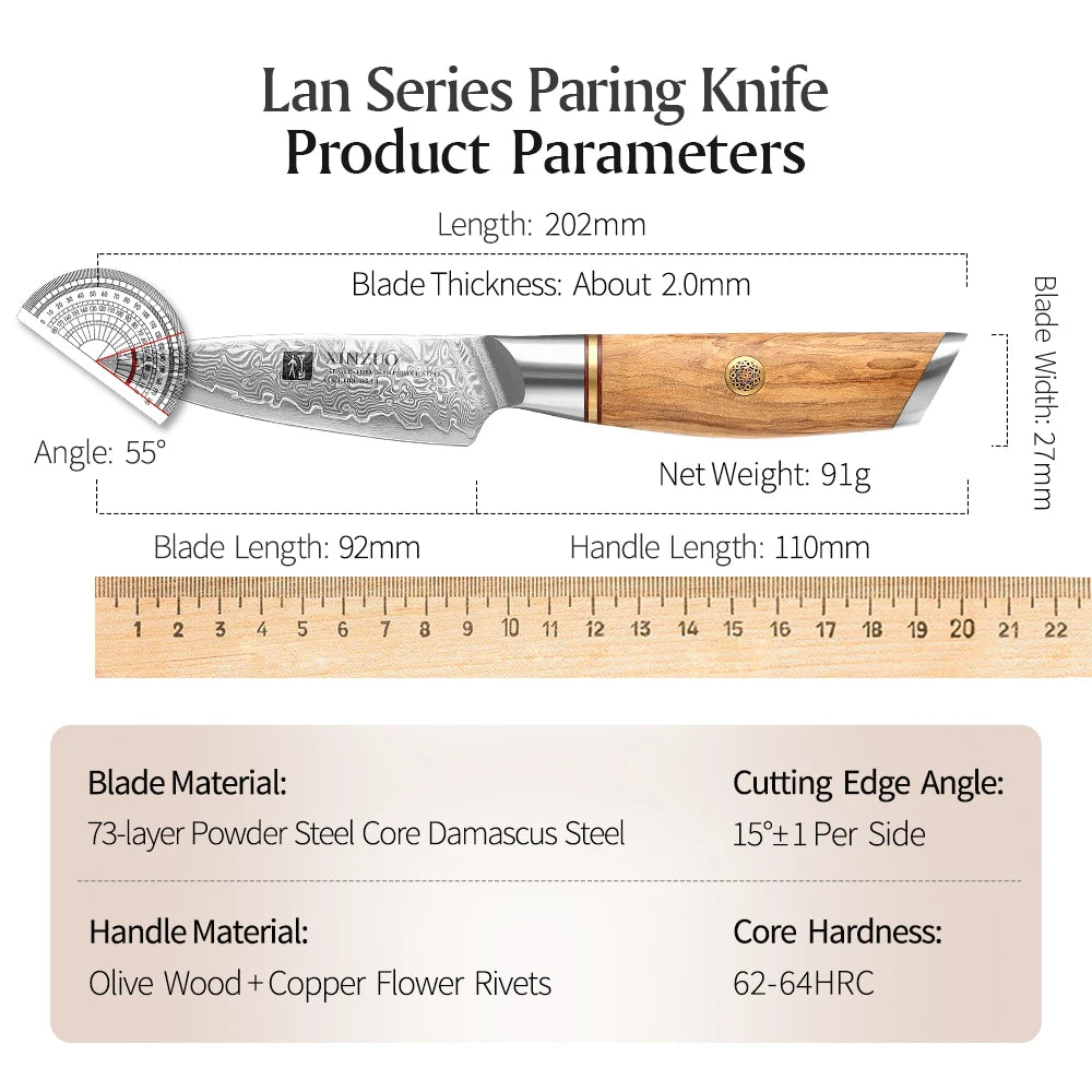 XINZUO 3.5" Damascus Steel Paring Knife – VG10 Core, Olive Wood Damascus Paring Knife Axl