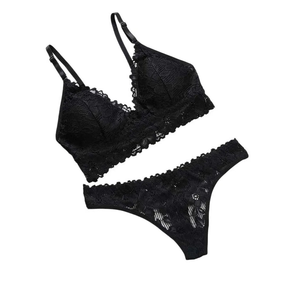 V-Neck Lace Floral Bra & Thong Set | Wire-Free Push-Up Lingerie Bra Set Axl Black M 50-65kg