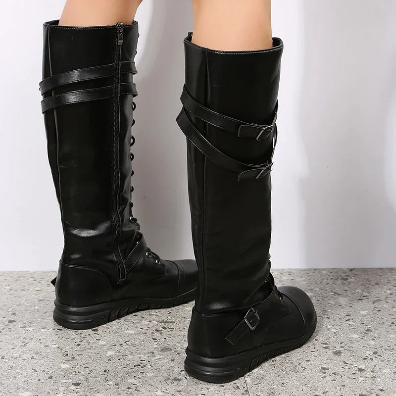Women's Knee-High Gothic Combat Boots – Lace-Up PU Leather Knee-High Boots Axl