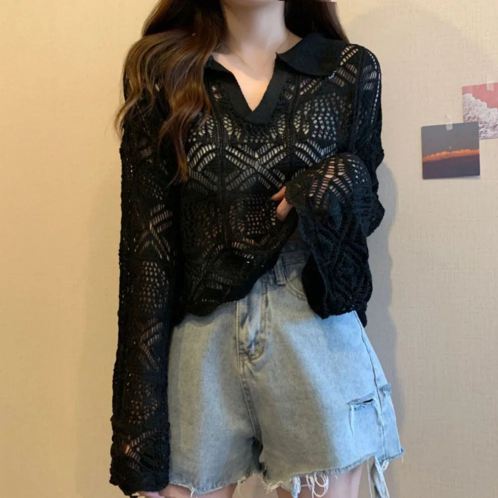 Women's V-Neck Crochet Hollow Knit Beach Top | Long Sleeve Crochet Knit Top Axl Black One Size