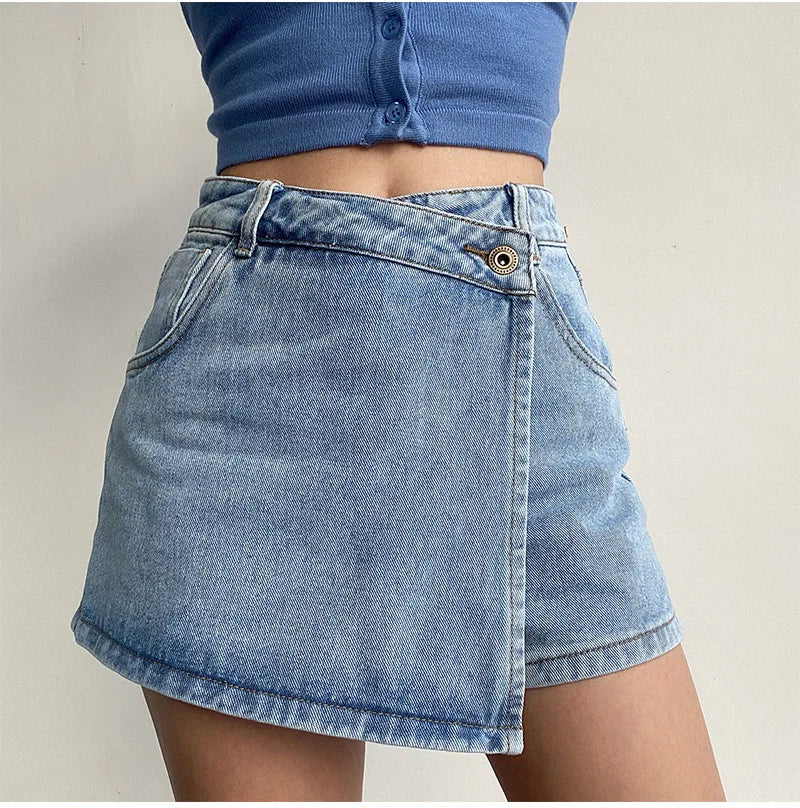 Women's High-Waist Denim Skort – Fake Two-Piece Jean Skirt Denim Skort Axl Blue S