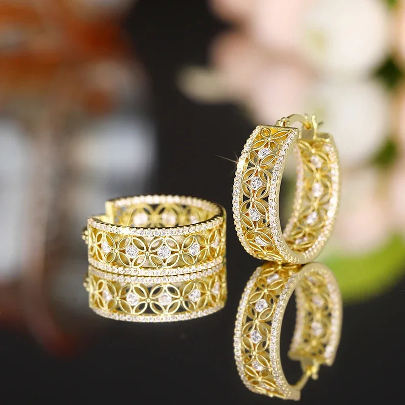 Huitan Gold CZ Hollow Flower Hoop Earrings | Bridal Jewelry Hoop Earrings Axl