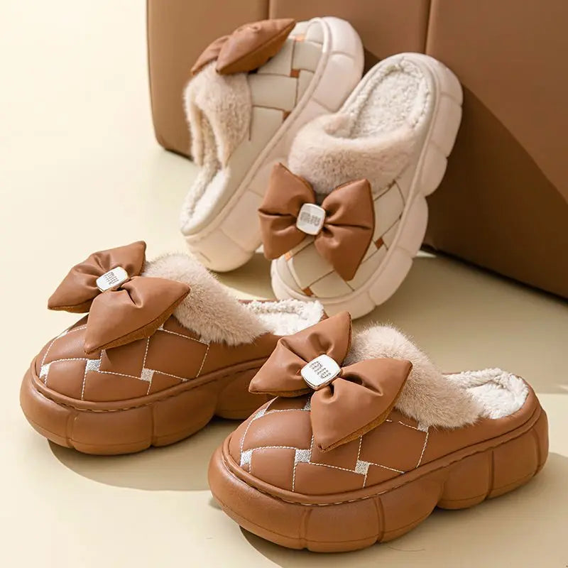 Women's Plush Faux Fur Bow Slippers – Warm Indoor Slides Women's Indoor Slippers Axl