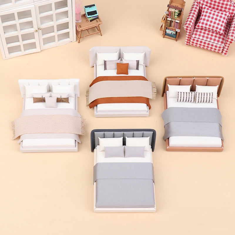 Dollhouse Miniature Cream Double Bed | 1:20 Scale Furniture Model Dollhouse Furniture Axl