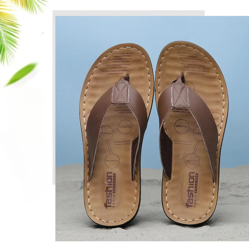 YBQJOO Men's Leather Flip Flops – Non-Slip Beach Sandals Men's Flip Flops Axl