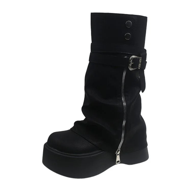 Women's Retro Platform Knight Boots | Side Zipper Mid-Calf Platform Knight Boots Axl 35 black