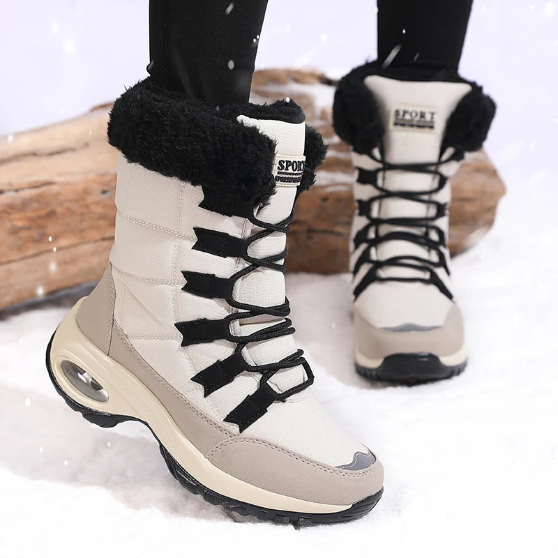 DQTBE Women's Waterproof Mid-Calf Snow Boots – Fur Lined Women's Snow Boots Axl Beige 42