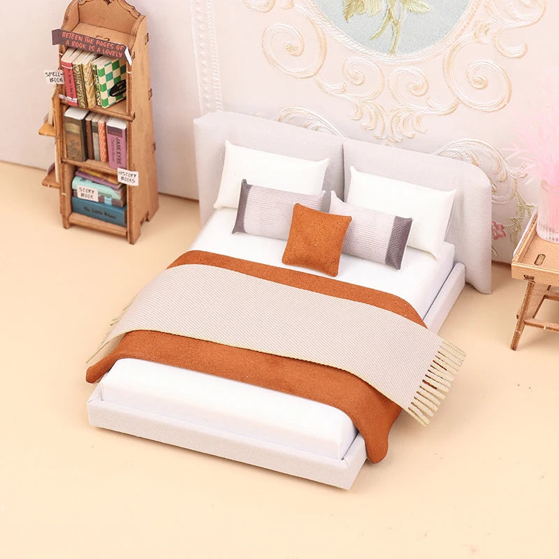 Dollhouse Miniature Cream Double Bed | 1:20 Scale Furniture Model Dollhouse Furniture Axl