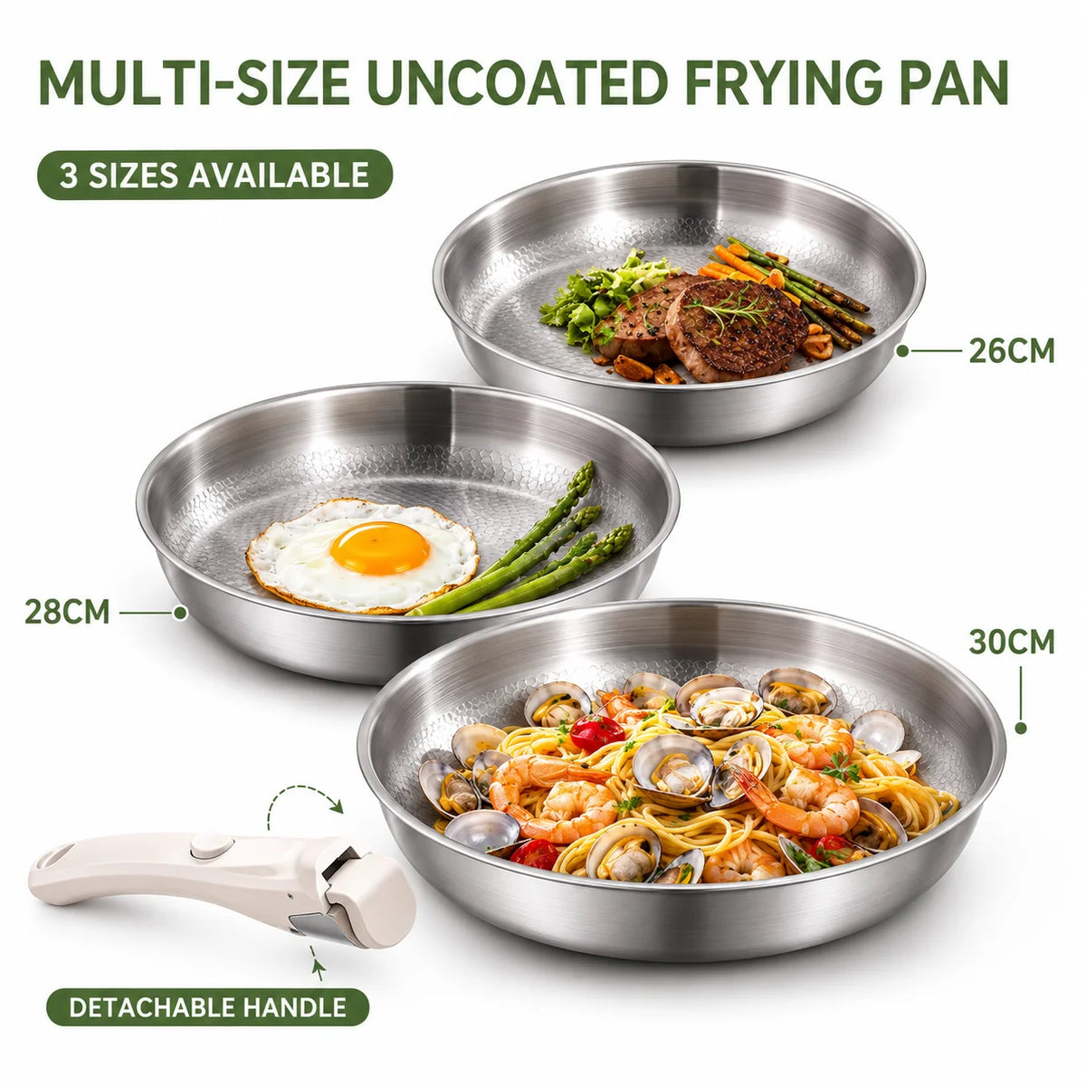 304 Stainless Steel Frying Pan Detachable Handle | 3-Ply Skillet Stainless Steel Skillet Axl