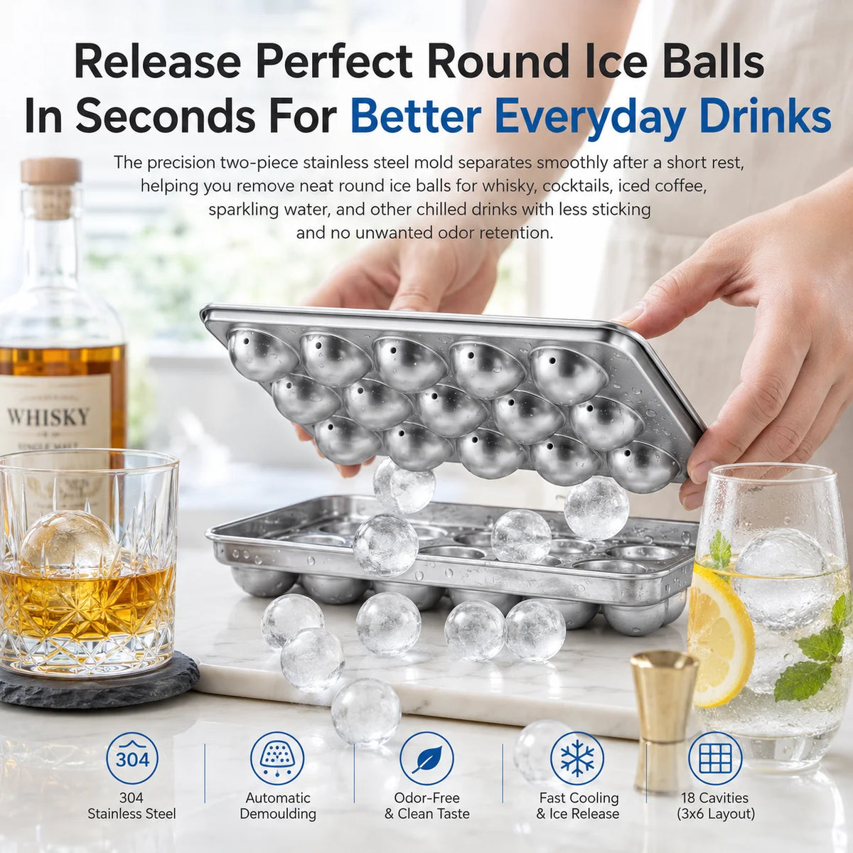 304 Stainless Steel Ice Sphere Maker – 18-Grid Round Ice Tray Ice Sphere Maker Axl