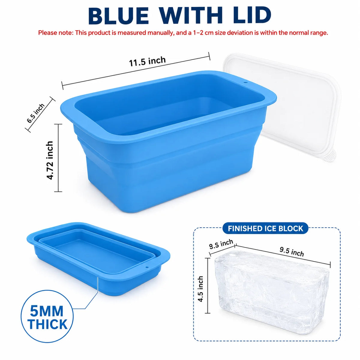 Extra Large Collapsible Silicone Ice Block Mold with Lid | 8 lb Silicone Ice Mold Axl Foldable Blue w Lid