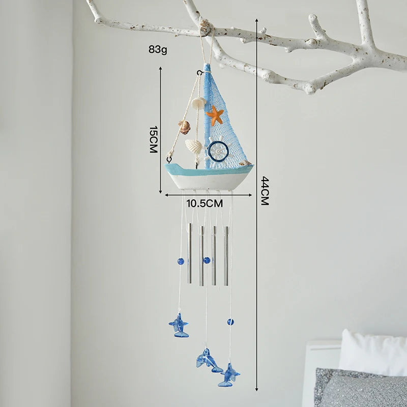 Mediterranean Wooden Sailboat Wind Chime | Nautical Hanging Decor Wind Chime Ornament Axl A1