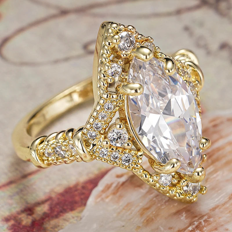 Huitan Gold Marquise CZ Wedding Ring for Women | Sizes 5–14 Fashion Ring Axl