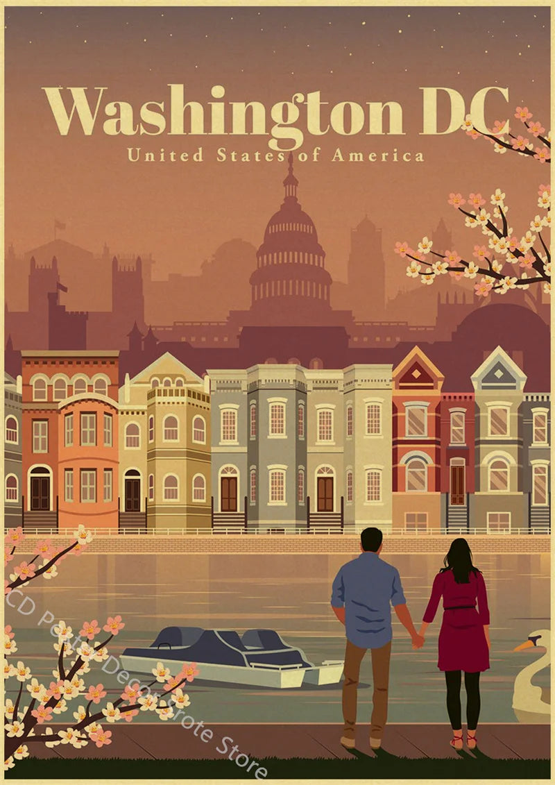 World Cities Retro Travel Poster – Rome Paris Sydney Dubai Art