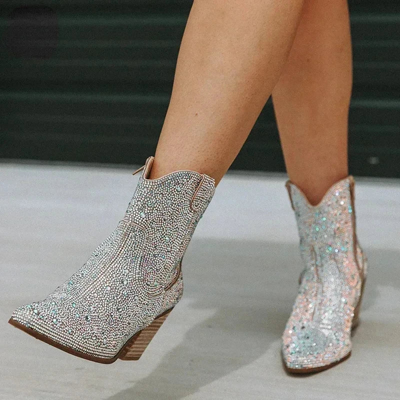 Women's Glitter Cowboy Ankle Boots – Sequin Western High Heel Women's Ankle Boots Axl