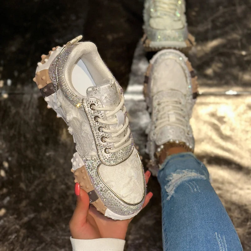 Women's Rhinestone Sneakers – Thick Sole Casual Sport Shoes Women's Fashion Sneakers Axl