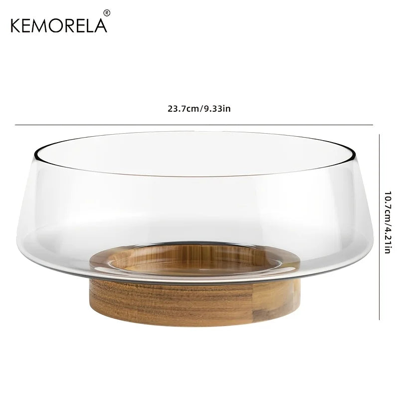 KEMORELA Hand-Blown Glass Salad Bowl Set with Wooden Base Glass Serving Bowl Axl
