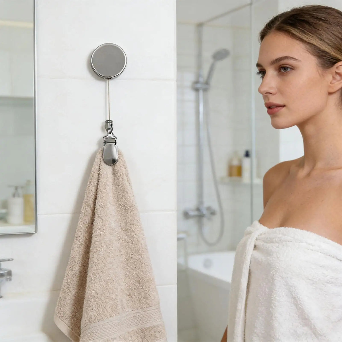 Retractable Towel Clip Holder – No-Drill Self-Adhesive Wall Mount Towel Clip Holder Axl