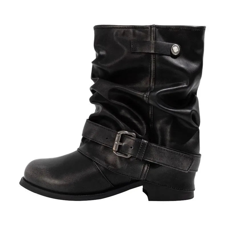 Women's Western Cowboy Boots – Metal Buckle Stacked Heel Western Cowboy Boots Axl