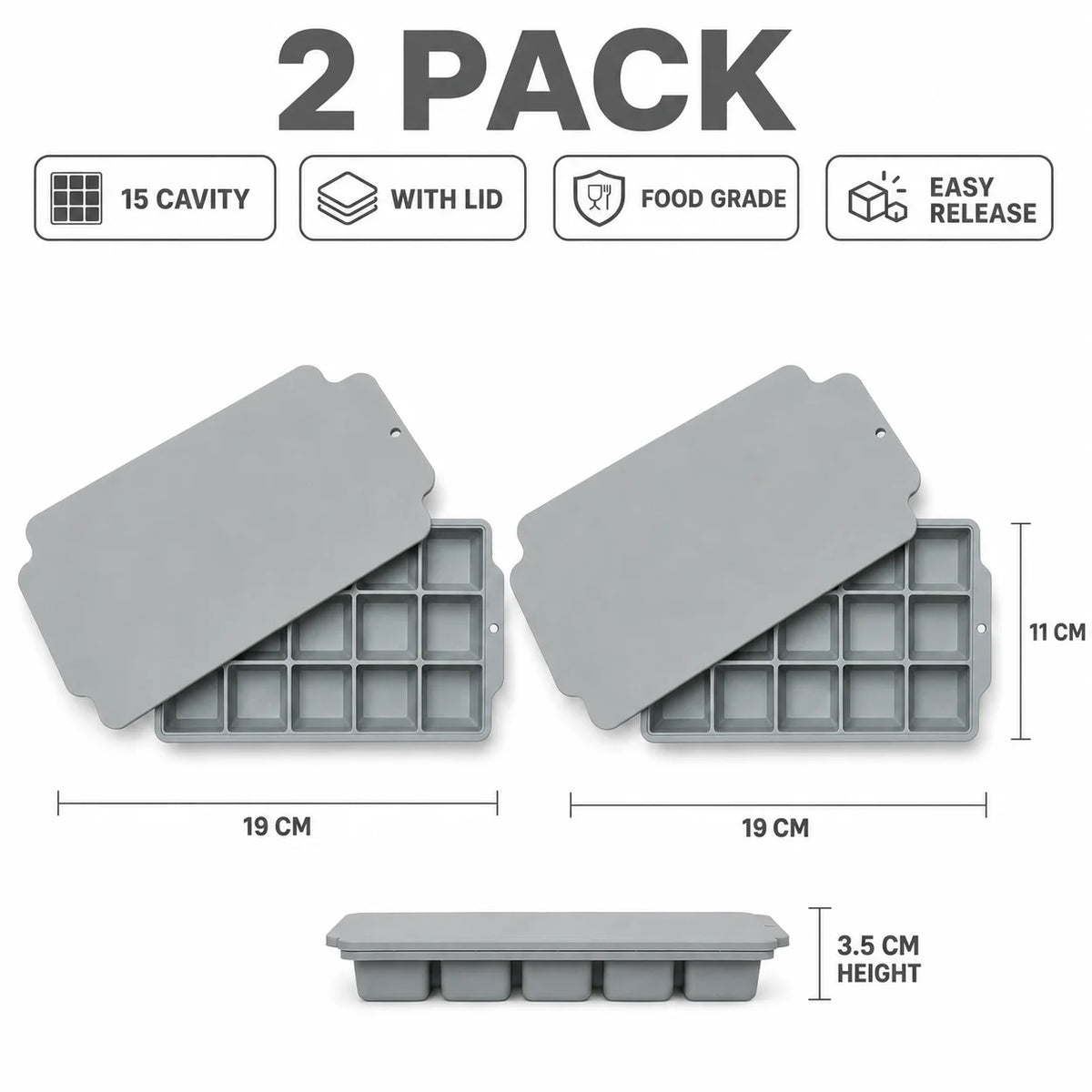 15-Grid Silicone Ice Cube Tray with Lid | Large Square Ice Mold Silicone Ice Cube Tray Axl 2 Pcs Gray