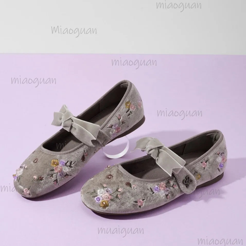 Flower Embroidered Velvet Ballet Flats – Women's Retro Loafers Women's Ballet Flats Axl Khaki 36