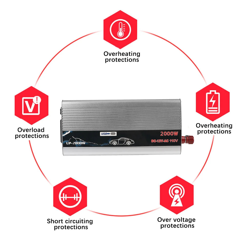 2000W Car Power Inverter 12V to 220V Pure Sine Wave + USB Car Power Inverter Axl