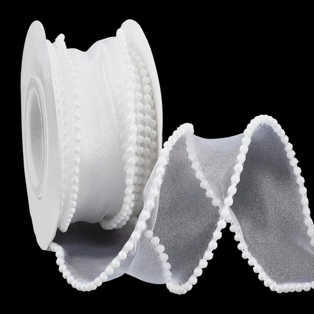 White Pearl Edge Sheer Wired Ribbon 40mm x 4.5m | Craft Ribbon Craft Ribbon Axl