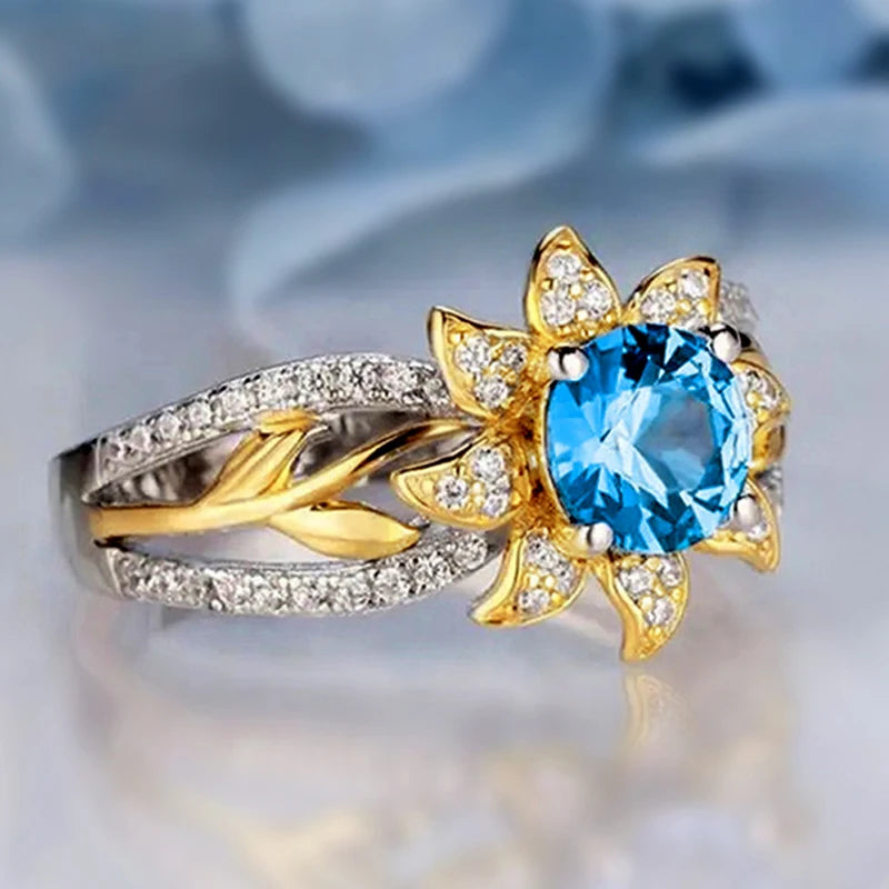 Huitan Sunflower Ring Blue Cubic Zirconia Two-Tone Women Fashion Ring Axl