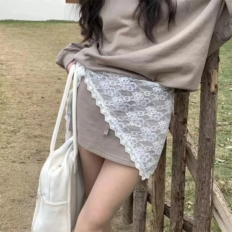 Korean Lace Trim Triangle Mini Skirt – Knit Layered Half Skirt Lace Mini Skirt Axl