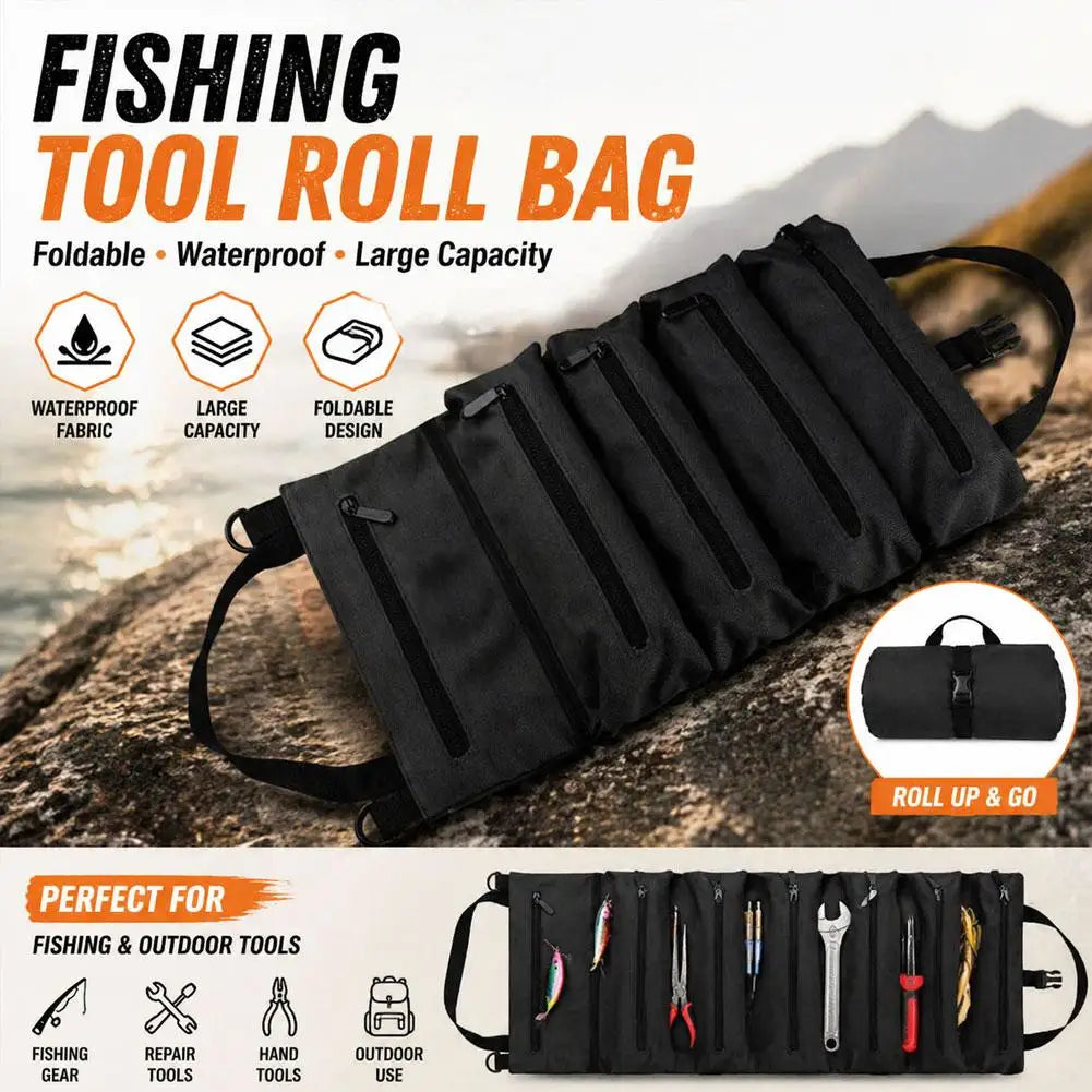 Roll-Up Canvas Fishing Tool Bag – 6 Zip Pockets Organizer Fishing Tackle Bag Axl