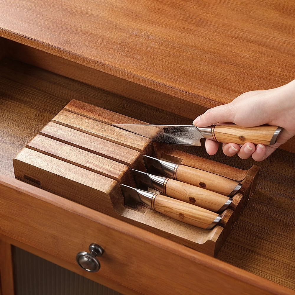 XINZUO Acacia Wood 4-Slot In-Drawer Knife Tray Organizer Knife Storage Tray Axl
