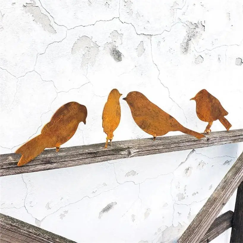 4-Piece Rusty Metal Bird Ornaments – Iron Garden Fence Decor Garden Metal Sculpture Axl