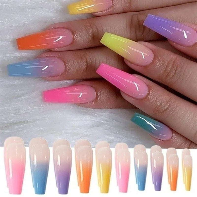 24-Piece Rainbow Coffin Ballerina False Nails – Full Cover Tips False Nails Axl